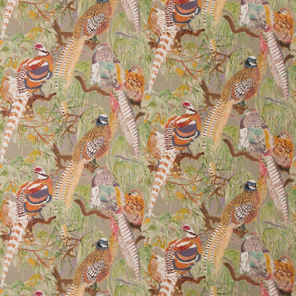 Samples and Purchasing available for Game Birds Linen - Stone/Multi Multi By Mulberry | Bohemian Romance |  Multipurpose Print at Designer Wallcoverings and Fabrics