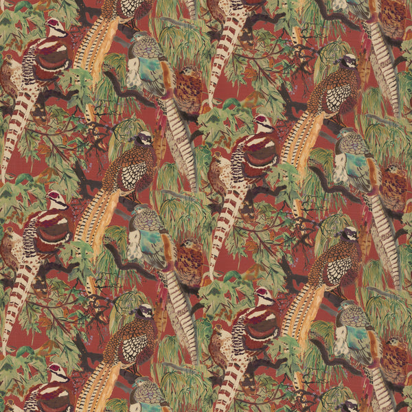 Game Birds Linen - Red/Plum Red By Mulberry | Icons Fabrics |  Multipurpose Print