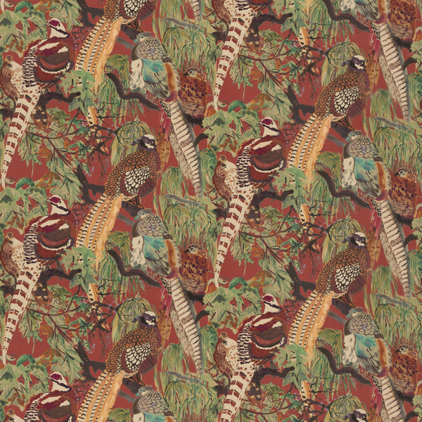 Game Birds Linen - Red/Plum Red By Mulberry | Icons Fabrics |  Multipurpose Print