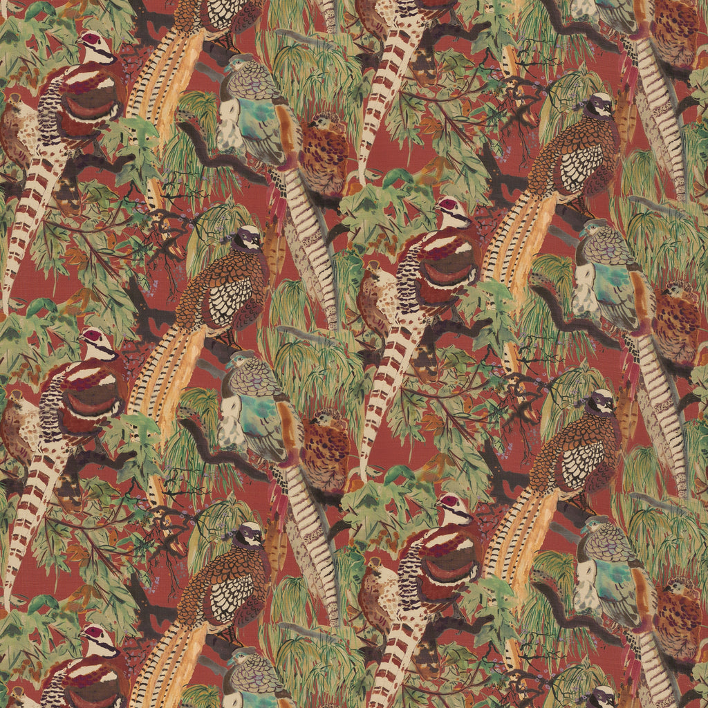 Game Birds Linen - Red/Plum Red By Mulberry | Icons Fabrics |  Multipurpose Print