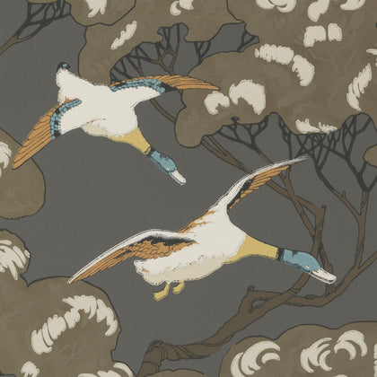 Flying Ducks - Charcoal Black By Mulberry | Modern Country |Animal/Insects Botanical & Floral Wallcovering Print