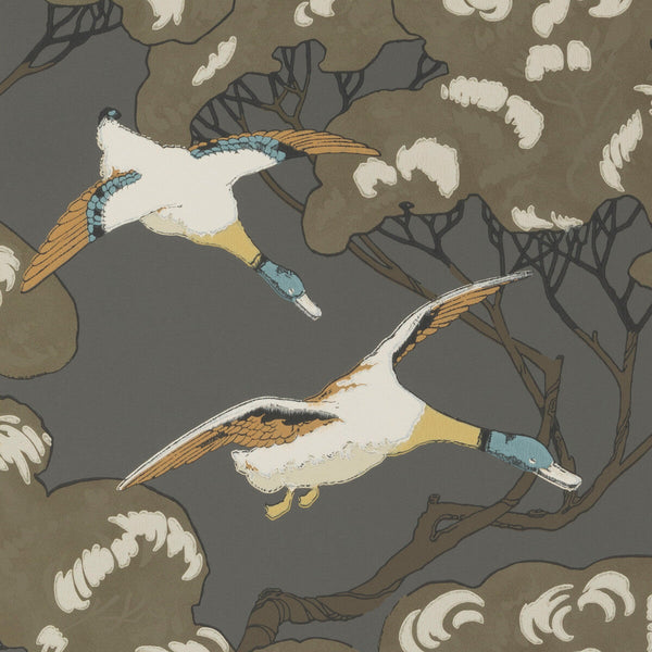 Flying Ducks - Charcoal Black By Mulberry | Modern Country |Animal/Insects Botanical & Floral Wallcovering Print