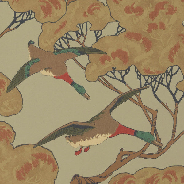 Flying Ducks - Sky/Moss Blue By Mulberry | Modern Country |Animal/Insects Botanical & Floral Wallcovering Print