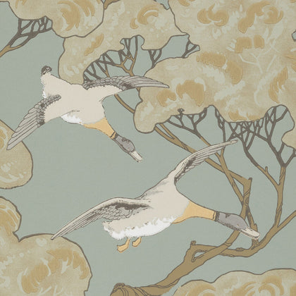 Flying Ducks - Slate Blue Blue By Mulberry | Modern Country |Animal/Insects Botanical & Floral Wallcovering Print