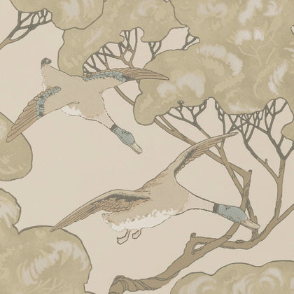 Flying Ducks - Silver/Taupe Grey By Mulberry | Modern Country |Animal/Insects Botanical & Floral Wallcovering Print