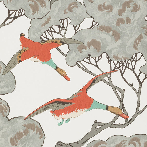 Flying Ducks - Coral/Clay Beige By Mulberry | Modern Country |Animal/Insects Botanical & Floral Wallcovering Print