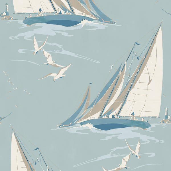 Round The Island - Blue By Mulberry | Icons Wallcoverings |Novelty Nautical Wallcovering
