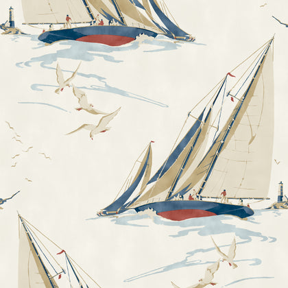 Round The Island - Red/Blue By Mulberry | Icons Wallcoverings |Novelty Nautical Wallcovering