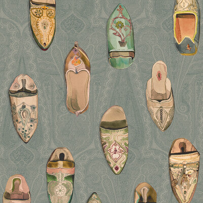 Babouches - Teal By Mulberry | Icons Wallcoverings |Novelty  Wallcovering