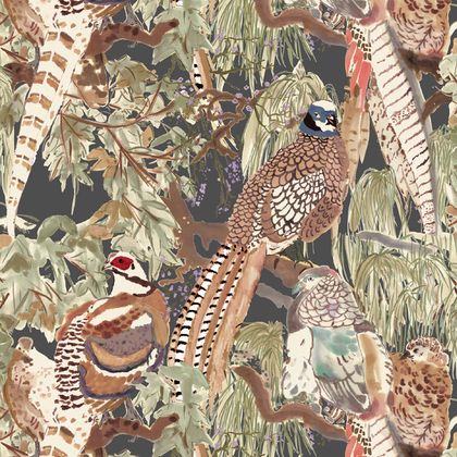 Game Birds - Charcoal By Mulberry | Icons Wallcoverings |Animal/Insects Botanical & Floral Wallcovering