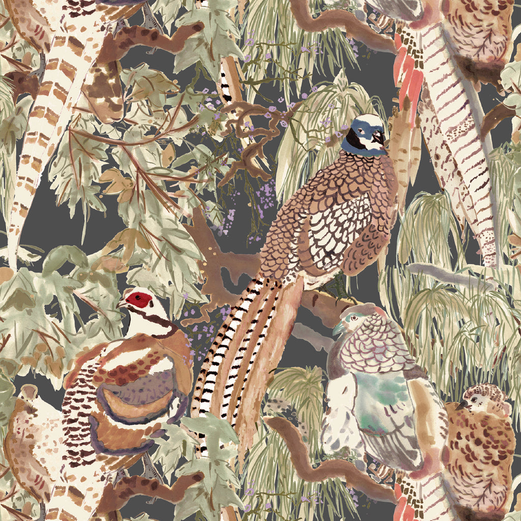 Game Birds - Charcoal By Mulberry | Icons Wallcoverings |Animal/Insects Botanical & Floral Wallcovering