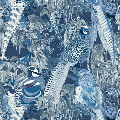 Game Birds - Indigo By Mulberry | Icons Wallcoverings |Animal/Insects Botanical & Floral Wallcovering