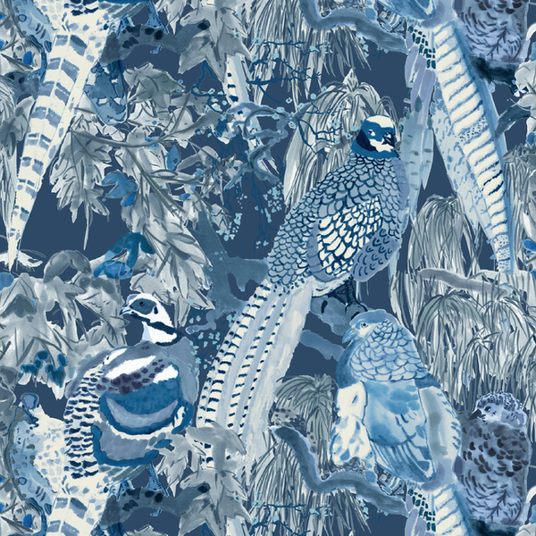 Game Birds - Indigo By Mulberry | Icons Wallcoverings |Animal/Insects Botanical & Floral Wallcovering