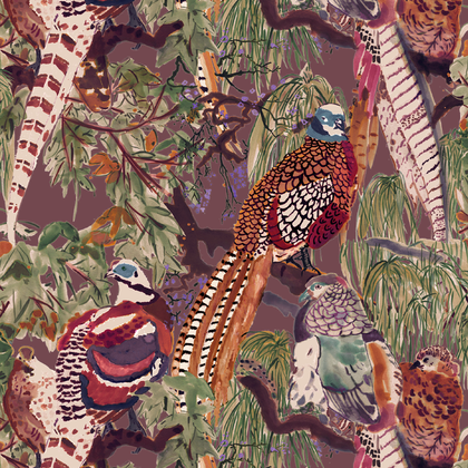Game Birds - Red/Plum By Mulberry | Icons Wallcoverings |Animal/Insects Botanical & Floral Wallcovering