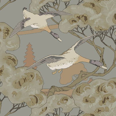 Grand Flying Ducks - Grey/Blue  By Mulberry | Icons Wallpapers |Novelty Flora & Fauna Wallcovering