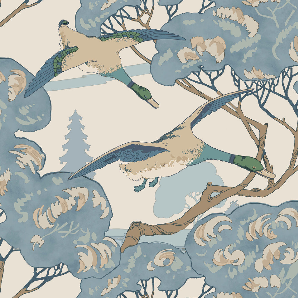 Grand Flying Ducks - Blue By Mulberry | Icons Wallcoverings |Novelty Flora & Fauna Wallcovering