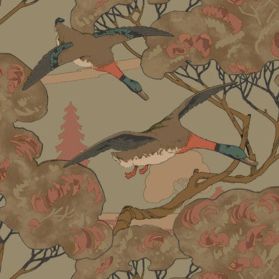 Grand Flying Ducks - Sage  By Mulberry | Icons Wallpapers |Novelty Flora & Fauna Wallcovering