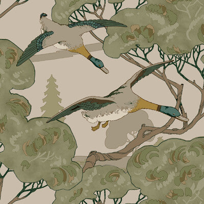 Grand Flying Ducks - Emerald By Mulberry | Icons Wallcoverings |Novelty Flora & Fauna Wallcovering