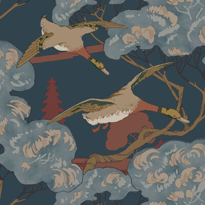 Grand Flying Ducks - Red/Blue By Mulberry | Icons Wallcoverings |Novelty Flora & Fauna Wallcovering