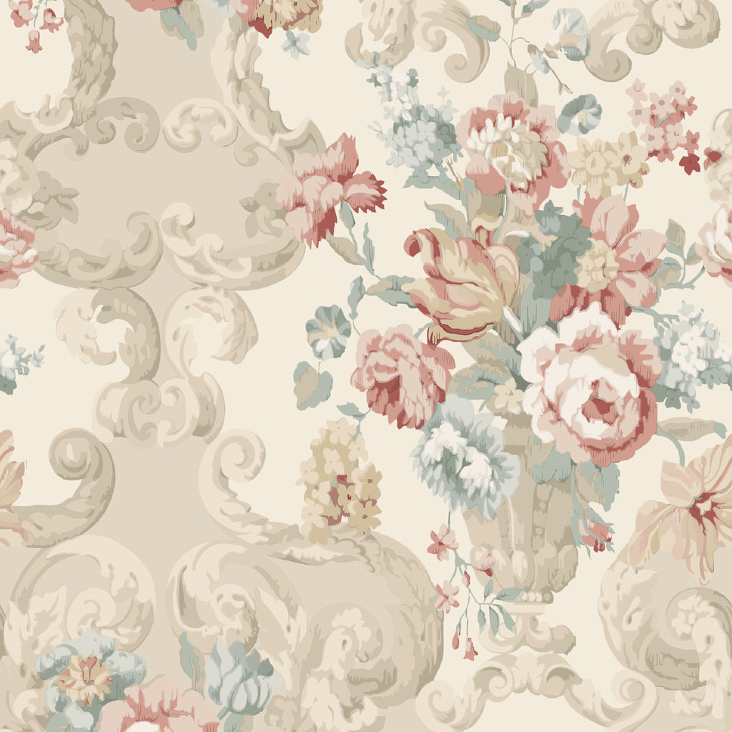 Floral Rococo - Lovat/Red By Mulberry | Icons Wallcoverings | Botanical & Floral Wallcovering