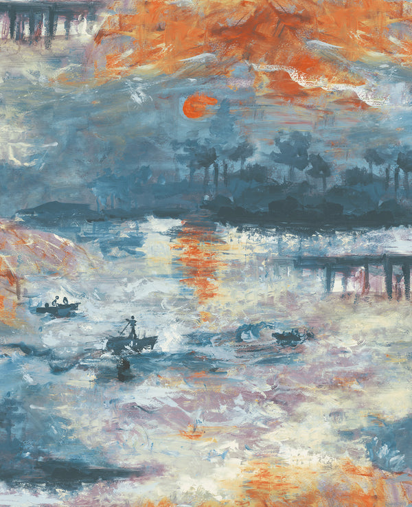 Nautical Sunset Contemporary Abstract - Denim, Metallic Gold, and Burnt Orange | Architectural Wallcoverings