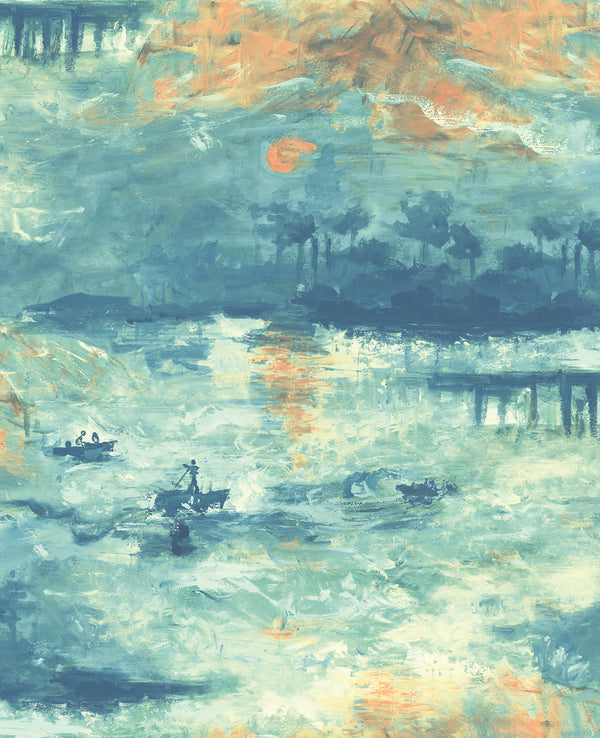 Nautical Sunset Contemporary Abstract - Navy, Turquoise, and Metallic Gold | Architectural Wallcoverings