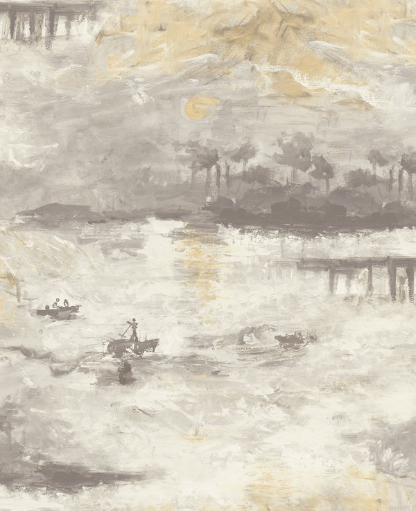 Nautical Sunset Contemporary Abstract - Charcoal, Metallic Gold, and Pearl | Architectural Wallcoverings