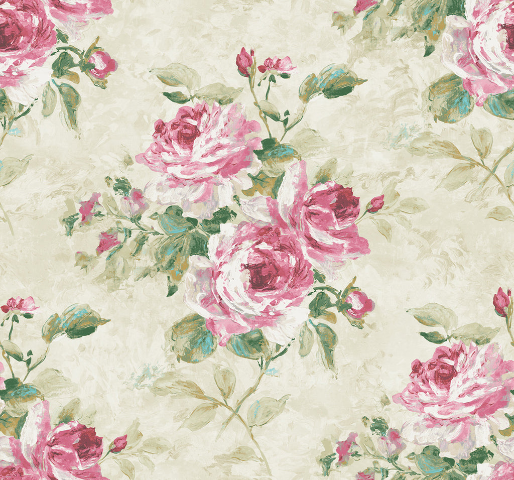 Malibu Rose Bouquet Wallpaper - Contemporary Floral - Metallic Ivory, Blush, and Forest Green | Malibu Wallpaper