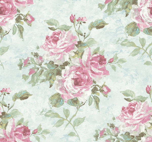 Rose Bouquet Contemporary Floral - Metallic Blue and Rose | Architectural Wallcoverings