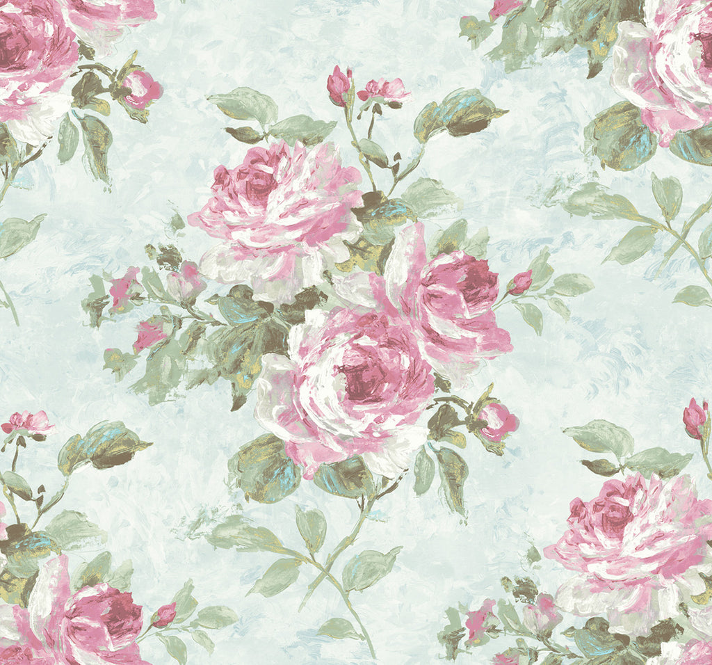 Malibu Rose Bouquet Wallpaper - Contemporary Floral - Metallic Blue and Rose | Malibu Wallpaper