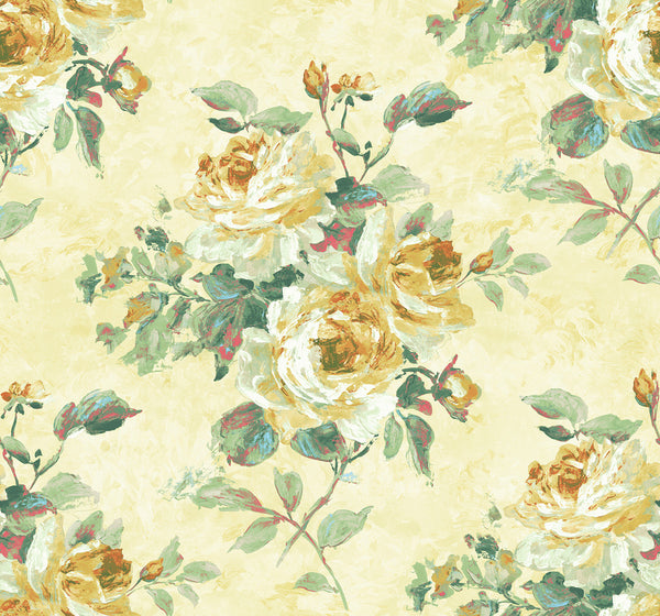 Malibu Rose Bouquet Wallpaper - Contemporary Floral - Metallic White, Gold, and Green | Malibu Wallpaper