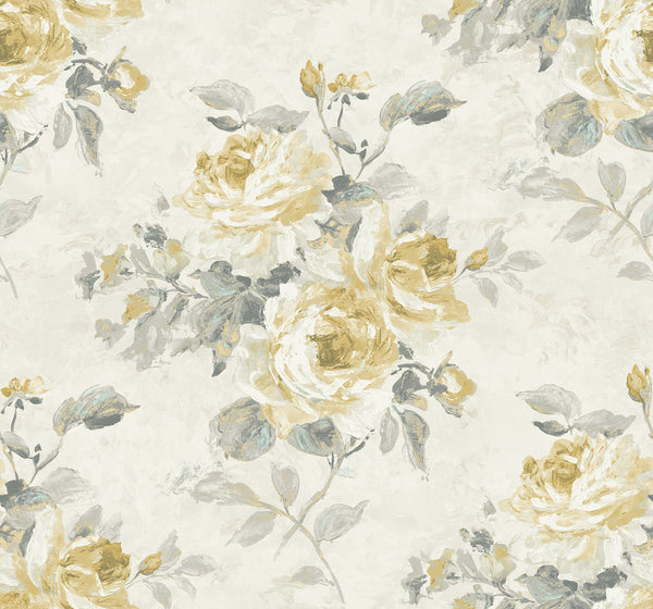 Rose Bouquet Contemporary Floral - Metallic Pearl, Metallic Gold, and Grey | Architectural Wallcoverings