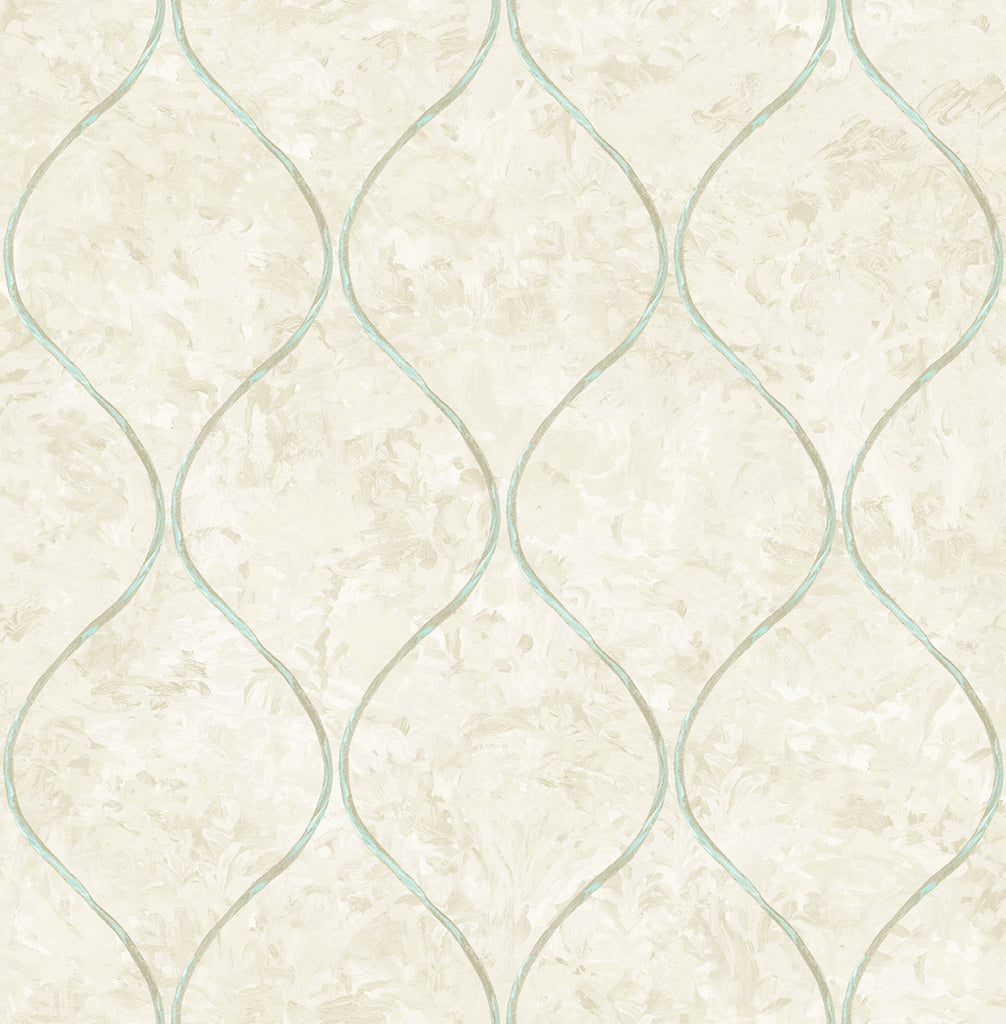 Malibu Ogee Wallpaper - Contemporary Ogee - Metallic Teal and Greige | Malibu Wallpaper