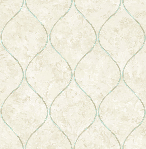 Malibu Ogee Wallpaper - Contemporary Ogee - Metallic Teal and Greige | Malibu Wallpaper
