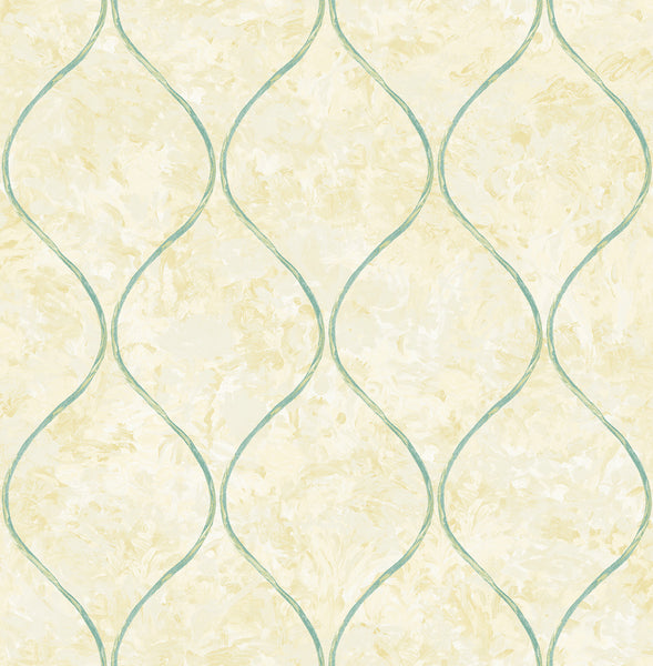 Malibu Ogee Wallpaper - Contemporary Ogee - Tan, Metallic Gold, and Turquoise | Malibu Wallpaper