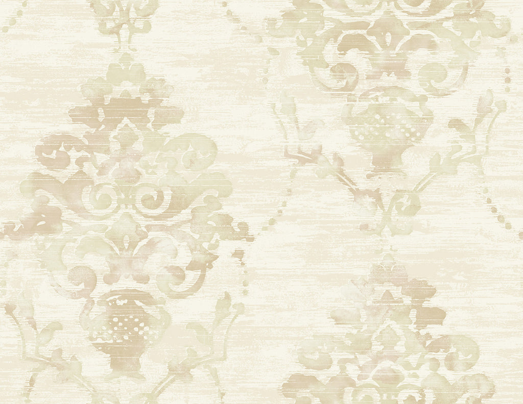 Malibu Damask Wallpaper - Contemporary Damask - Metallic, Tan, and Soft Peach | Malibu Wallpaper