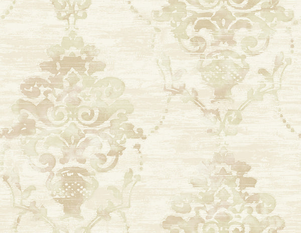 Malibu Damask Wallpaper - Contemporary Damask - Metallic, Tan, and Soft Peach | Malibu Wallpaper