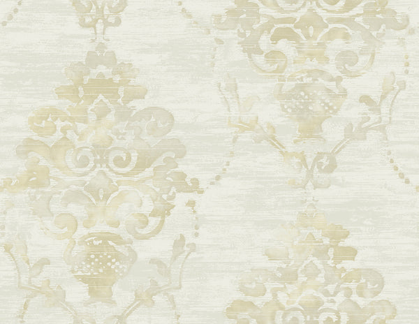 Malibu Damask Wallpaper - Contemporary Damask - Metallic Cream and Tan | Malibu Wallpaper