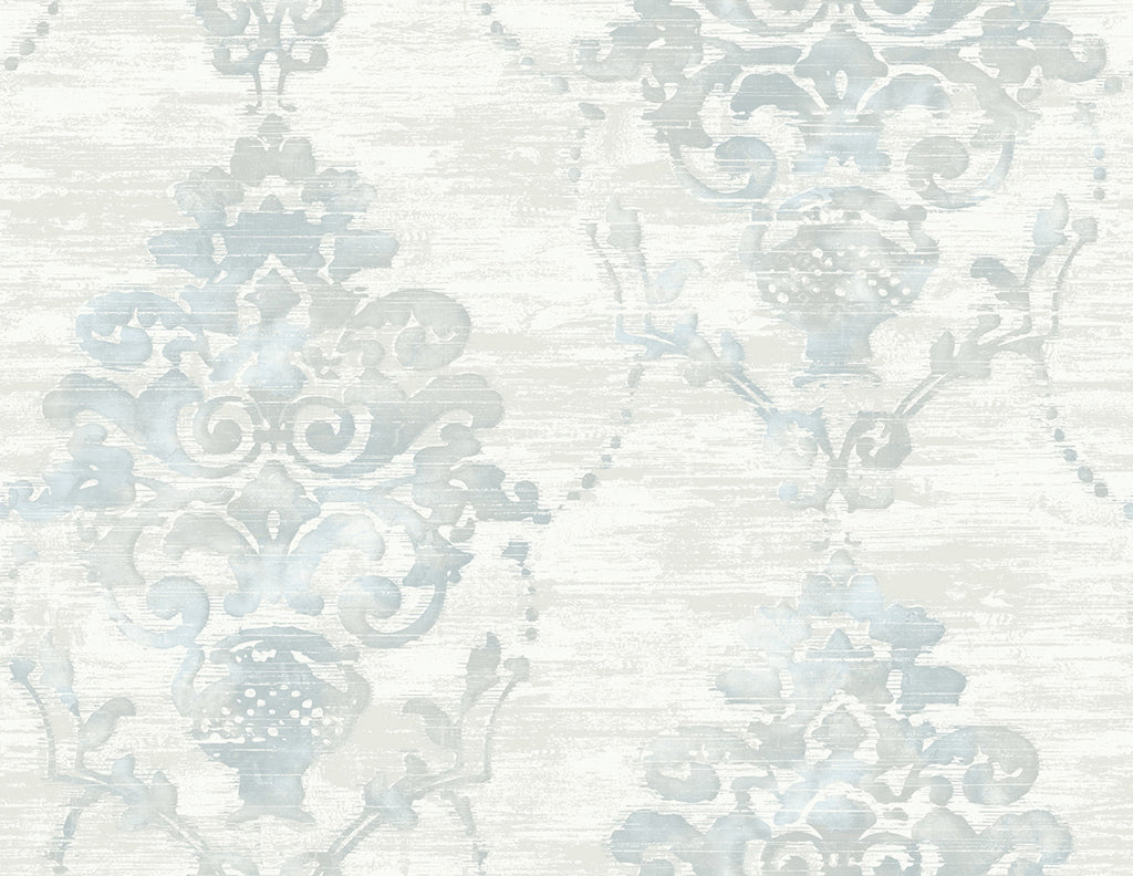 Malibu Damask Wallpaper - Contemporary Damask - Metallic Pearl and Powder Blue | Malibu Wallpaper