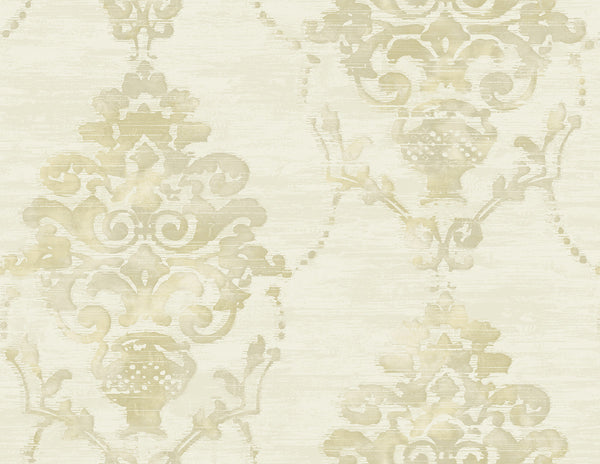 Malibu Damask Wallpaper - Contemporary Damask - Metallic, Cream, and Greige | Malibu Wallpaper
