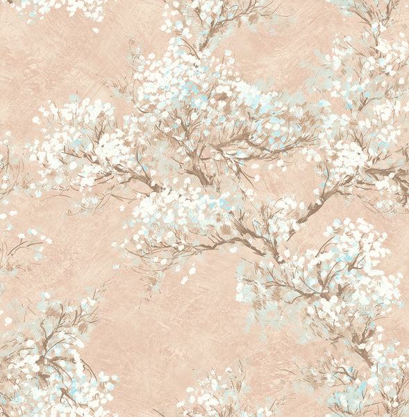 Malibu Cherry Blossoms Wallpaper - Contemporary Floral - Blush, White, and Brown | Malibu Wallpaper