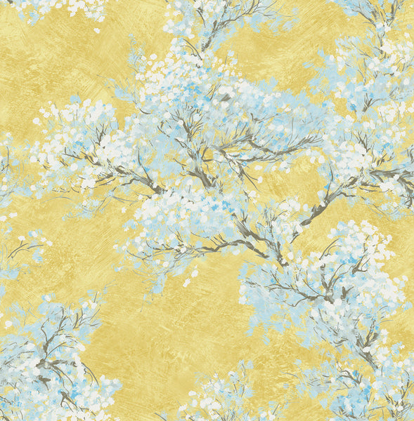 Malibu Cherry Blossoms Wallpaper - Contemporary Floral - Gold, White, and Sky Blue | Malibu Wallpaper