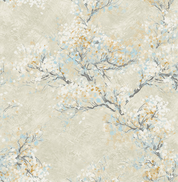 Cherry Blossoms Contemporary Floral Metallic Champagne White | Architectural Wallcoverings