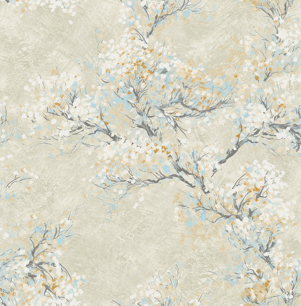Malibu Cherry Blossoms Wallpaper - Contemporary Floral - Metallic Champagne, White, and Sky Blue | Malibu Wallpaper