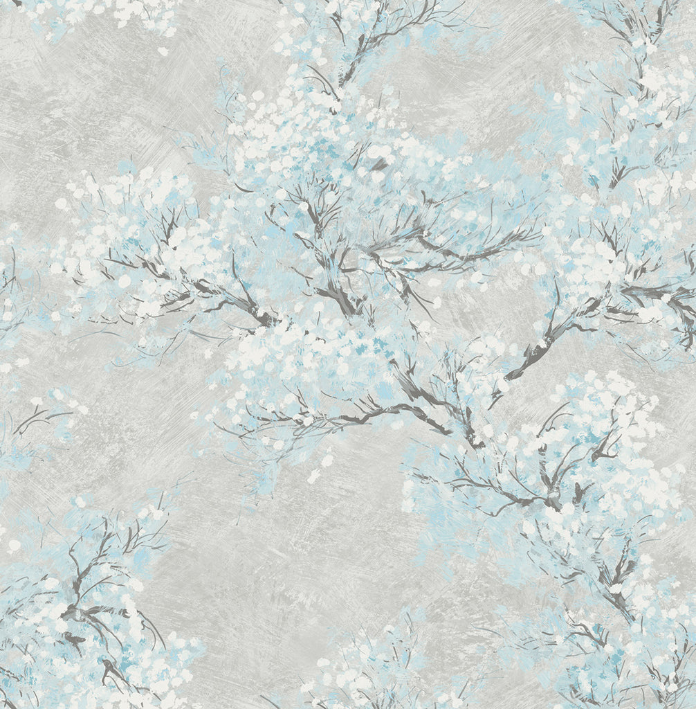 Malibu Cherry Blossoms Wallpaper - Contemporary Floral - Metallic Silver and Sky Blue | Malibu Wallpaper