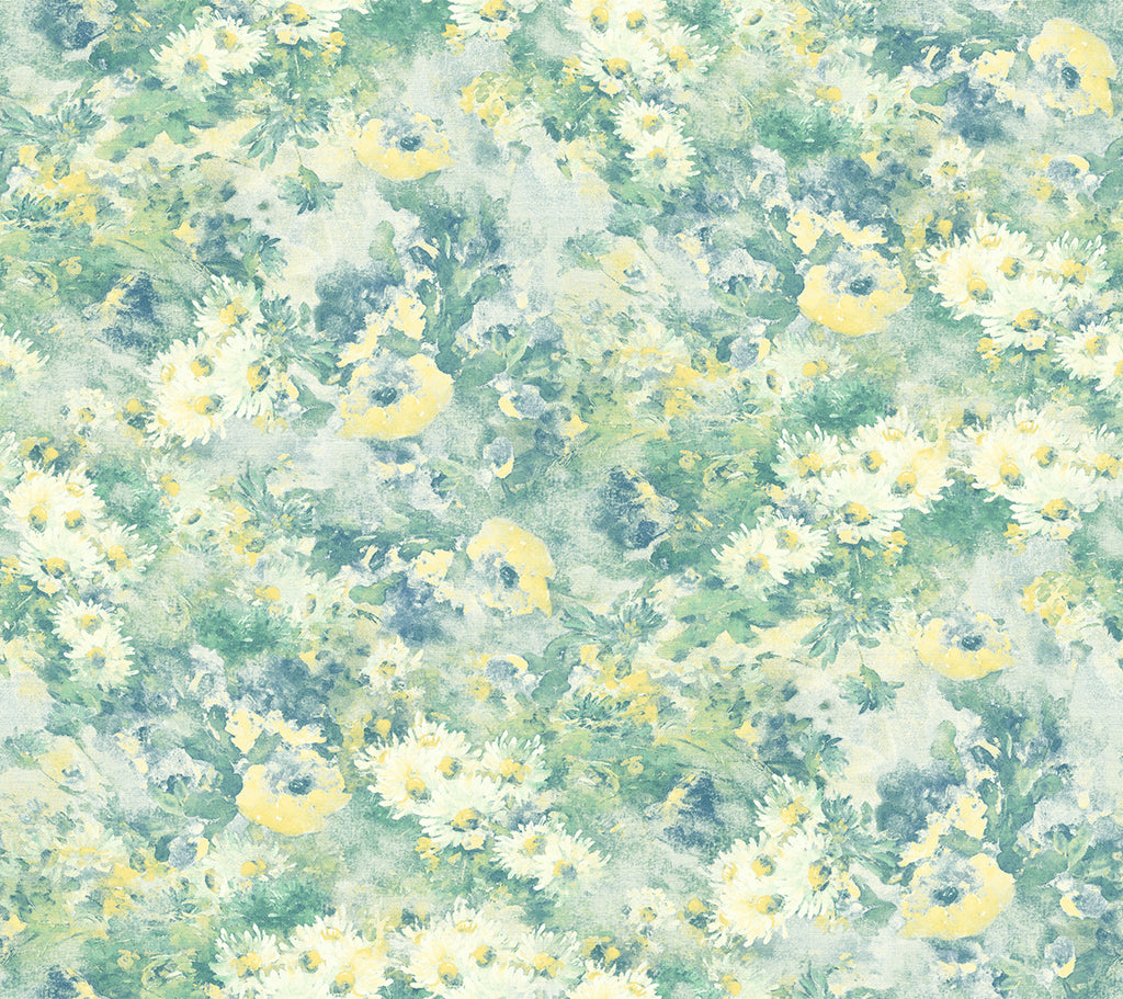 Malibu Daisy Wallpaper - Contemporary Floral - Metallic Ivory, Yellow, and Teal | Malibu Wallpaper