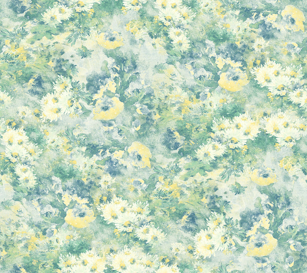 Malibu Daisy Wallpaper - Contemporary Floral - Metallic Ivory, Yellow, and Teal | Malibu Wallpaper