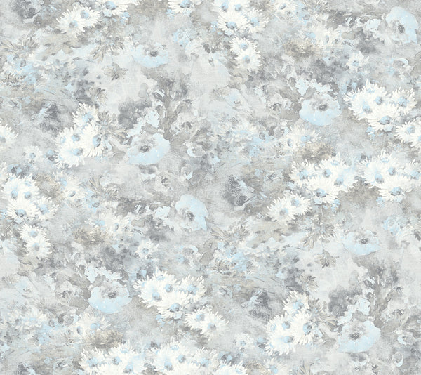 Daisy Contemporary Floral Metallic Silver and Sky Blue | Architectural Wallcoverings