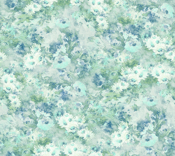 Daisy Contemporary Floral Metallic Powder Blue and Turquoise | Architectural Wallcoverings