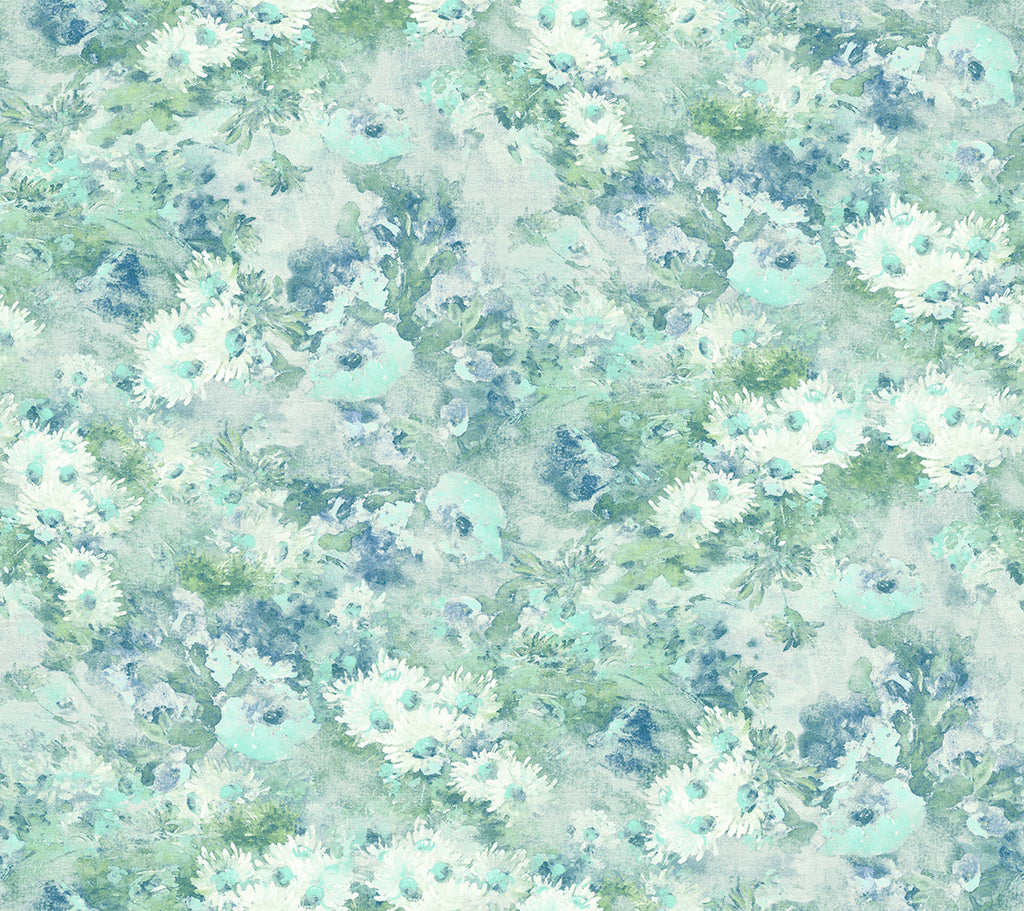 Malibu Daisy Wallpaper - Contemporary Floral - Metallic Powder Blue and Turquoise | Malibu Wallpaper